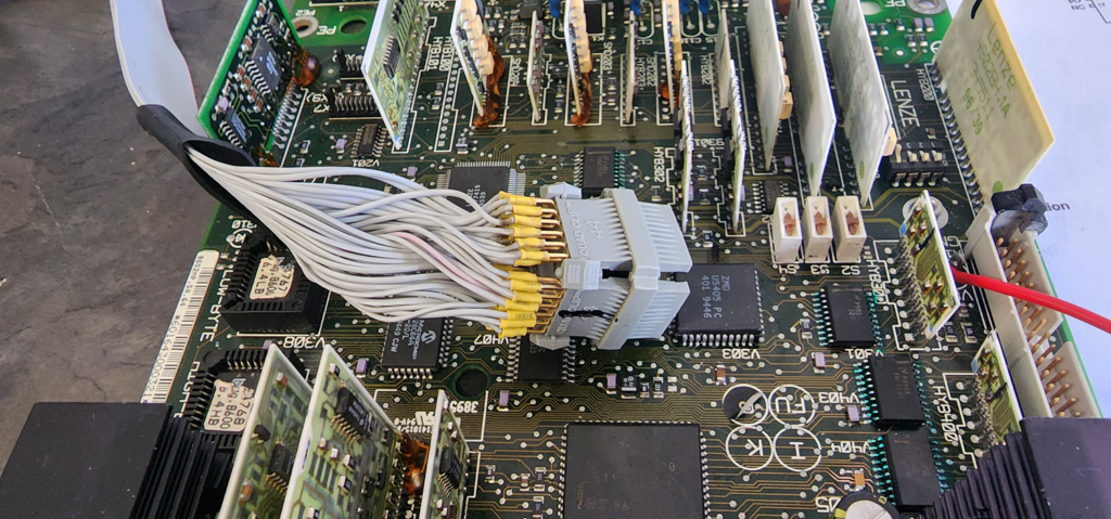 a circuit board with wires and other components